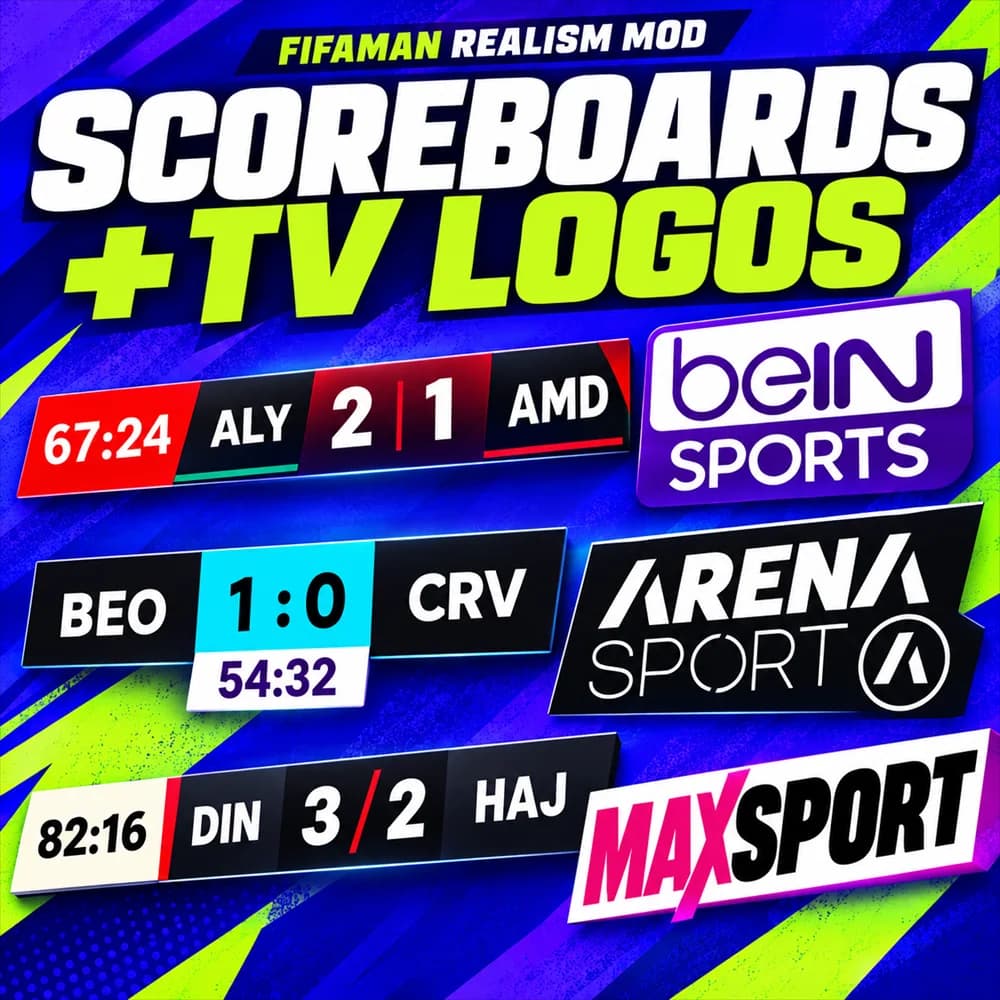 Scoreboards and TV graphics for 15 tournaments in FIFAMAN Realism Mod for FC 27
